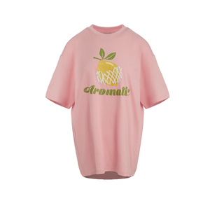 UR&DC2025夏季新款粉色少女感趣味休闲水果印花纯棉圆领短袖T恤女