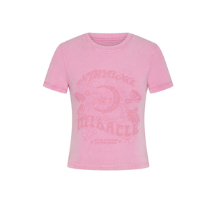UR&DC2025春季新款休闲多巴胺粉色印花修身圆领短袖T恤女短款上衣