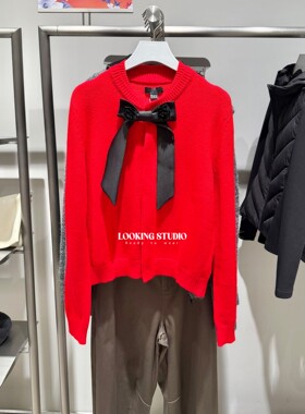 UR&DC2026春季新款新年战袍大红色休闲蝴蝶结圆领短款针织开衫女
