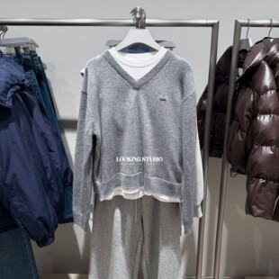 UR&DC2025冬季新款休闲风撞色拼接假两件金属标长袖针织衫女上衣