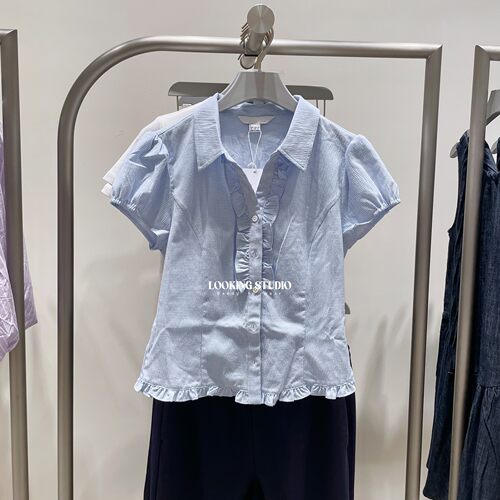 UR&DC2026夏季新款甜美风格纹翻领荷叶边开襟短袖衬衫女短款上衣