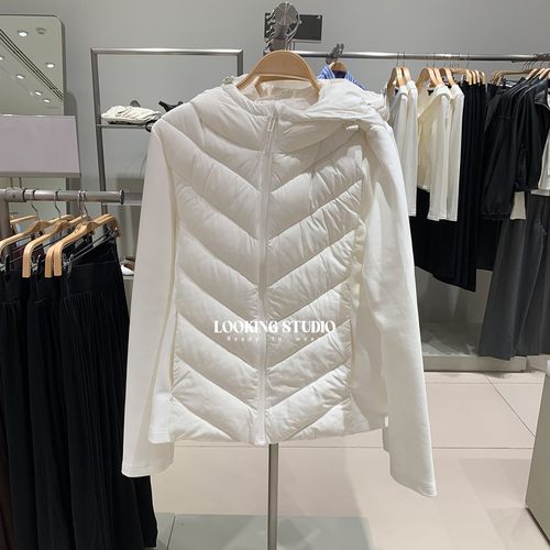 UR&DC2025秋季新款气质简约连帽抽绳拼接修身拉链短款棉服外套女