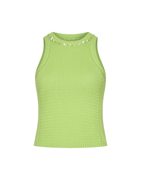 UR&DC2025秋季新款度假风串珠装饰圆领无袖针织衫女绿色短款上衣