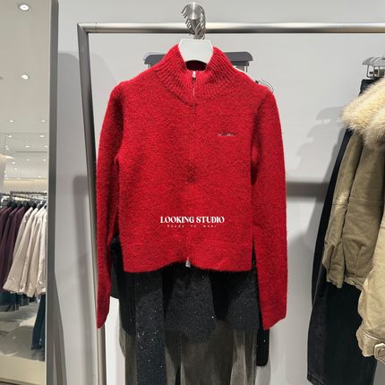 UR&DC2025冬季新款时尚气质潮流运动立领提花短款针织开衫女上衣