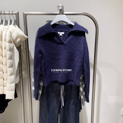 UR&DC2025秋季新款宽松学院风格雷系polo领短款长袖针织衫女上衣