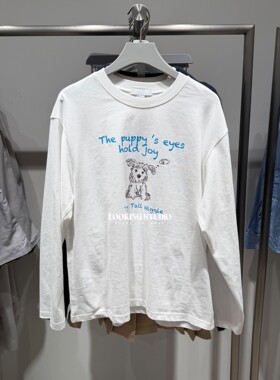 UR&DC2025冬季新款简约风趣味萌宠图案印花纯棉白色圆领长袖T恤女