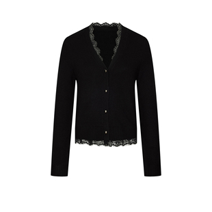 UR&DC2025冬季新款法式气质蕾丝拼接假两件V领排扣短款针织开衫女