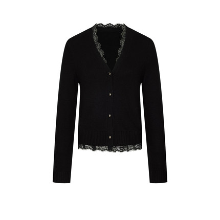 UR&DC2025冬季新款法式气质蕾丝拼接假两件V领排扣短款针织开衫女