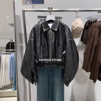 UR&DC2025秋季新款复古琥珀流光风拉链超宽松PU皮短款棉服外套女