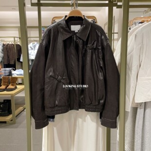 UR&DC2025冬季 设计感机车琥珀流光风蝴蝶结饰PU皮棉服外套女 新款