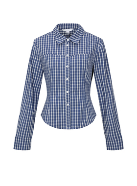 UR&DC2025秋季新款休闲百搭撞色格纹翻领长袖开襟衬衫女短款上衣