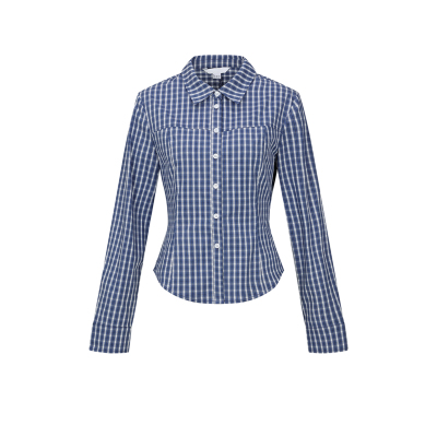 UR&DC2025秋季新款休闲百搭撞色格纹翻领长袖开襟衬衫女短款上衣