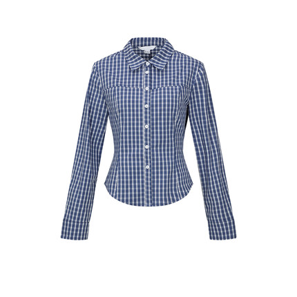 UR&DC2025秋季新款休闲百搭撞色格纹翻领长袖开襟衬衫女短款上衣