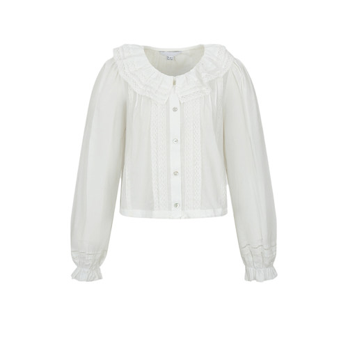 UR&DC2026春季新款粉彩风泡泡袖蕾丝荷叶边长袖衬衫女棉短款上衣