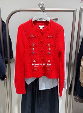 UR&DC2026春季新款新年圣诞节大红色镂空花卉刺绣长袖针织开衫女