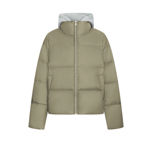 UR&DC2025冬季设计感拼接假两件宽松连帽保暖短款羽绒服女短外套