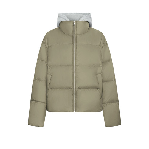 UR&DC2025冬季设计感拼接假两件宽松连帽保暖短款羽绒服女短外套