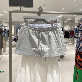 UR&DC2025夏季新款格雷系休闲拼接假两件系带短款A字半裙灰色短裙