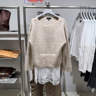 UR&DC2026春季新款甜美风设计感拼接假两件刺绣圆领长袖针织衫女