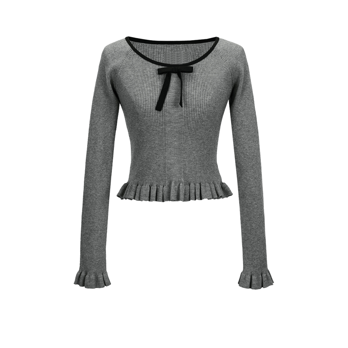 UR&DC2025春季新款法式芭蕾风撞色蝴蝶结修身针织衫女木耳边上衣