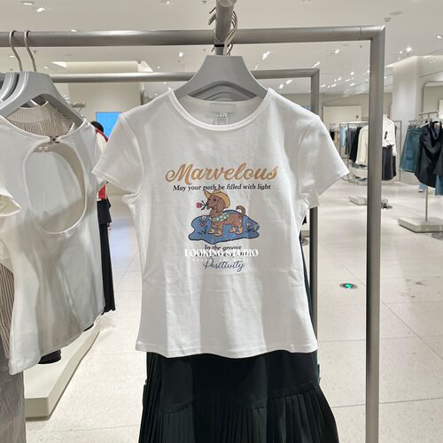 UR&DC2026秋季新款女装休闲复古风做旧印花修身短袖T恤女短款上衣