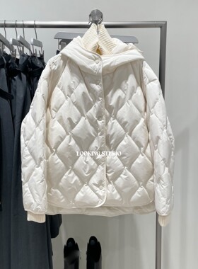 UR&DC2025冬季新款假两件拼接波浪纹绗缝超宽松连帽羽绒服女外套