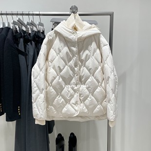 UR&DC2025冬季新款假两件拼接波浪纹绗缝超宽松连帽羽绒服女外套