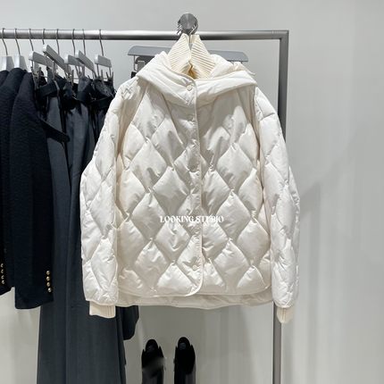 UR&DC2025冬季新款假两件拼接波浪纹绗缝超宽松连帽羽绒服女外套