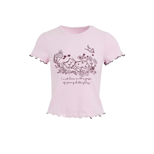 UR&DC2025夏季新款设计感浅粉色刺绣撞色木耳边短袖T恤女短款上衣