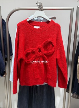 UR&DC2026春季新款甜美风设计感立体蝴蝶结撞色圆领套头针织衫女