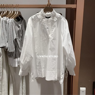 UR&DC2025秋季新款设计感法式休闲荷叶领系带罩衫长袖白色衬衫女
