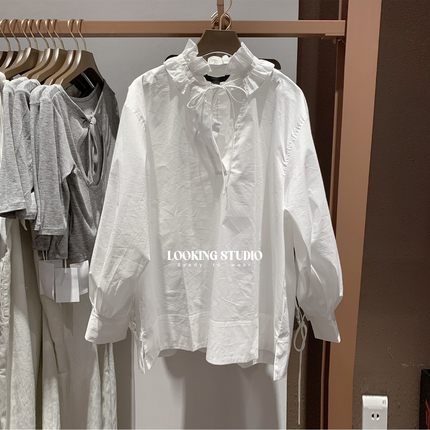 UR&DC2025秋季新款设计感法式休闲荷叶领系带罩衫长袖白色衬衫女