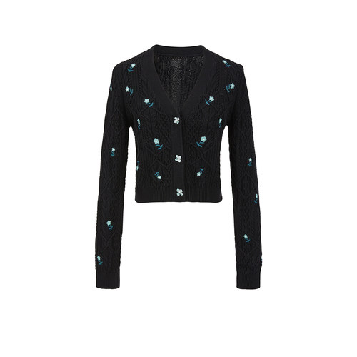 UR&DC2025秋季新款法式甜美风休闲花朵提花V领短款针织开衫女外套