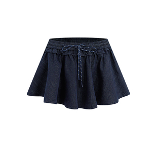UR&DC2025夏季新款复古休闲松紧腰抽绳短款A字裙牛仔半裙蓝色短裙