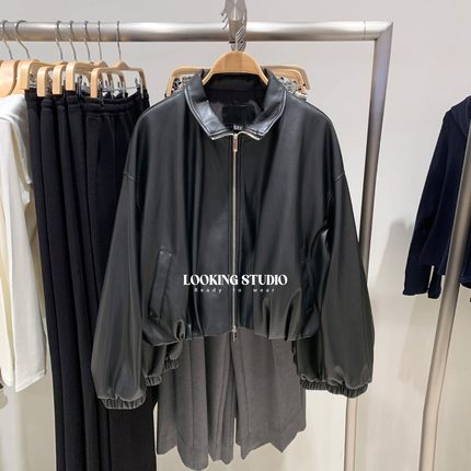 UR&DC2025冬季新款高级感复古流光风PU皮质立领短款超宽松外套女