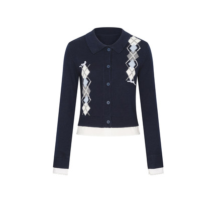 UR&DC2025秋季新款学院风菱格撞色拼接假两件polo长袖针织开衫女