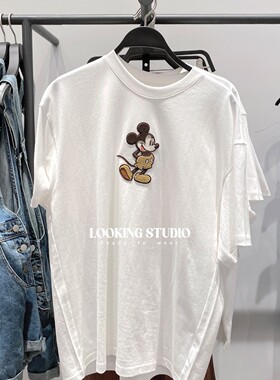UR&DC2024夏季新款设计感米奇老鼠印花纯棉宽松白色圆领短袖T恤女