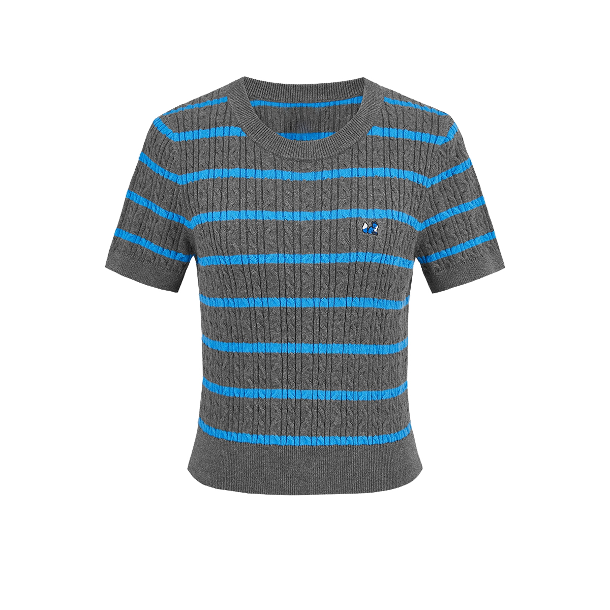 UR&DC2024秋季新款经典学院风刺绣条纹短袖圆领针织衫女短款上衣