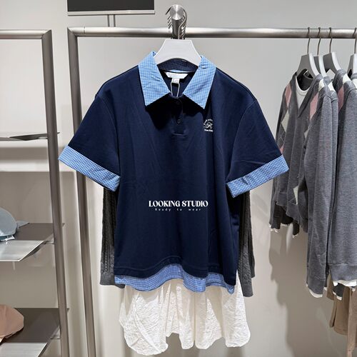 UR&DC2026春季新款设计感休闲学院风格纹拼接假两件短袖T恤女上衣