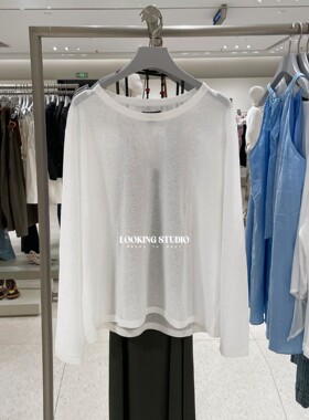 UR&DC2026夏季新款休闲设计感亮片宽松圆领薄款白色长袖针织衫女