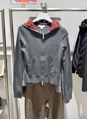 UR&DC2026春季新款潮流街头连帽格纹拼接拉链针织开衫女短款上衣