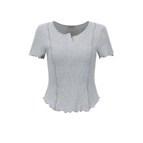 UR&DC2026夏季新款减龄感木耳边棉质纯色修身短袖T恤衫女短款上衣