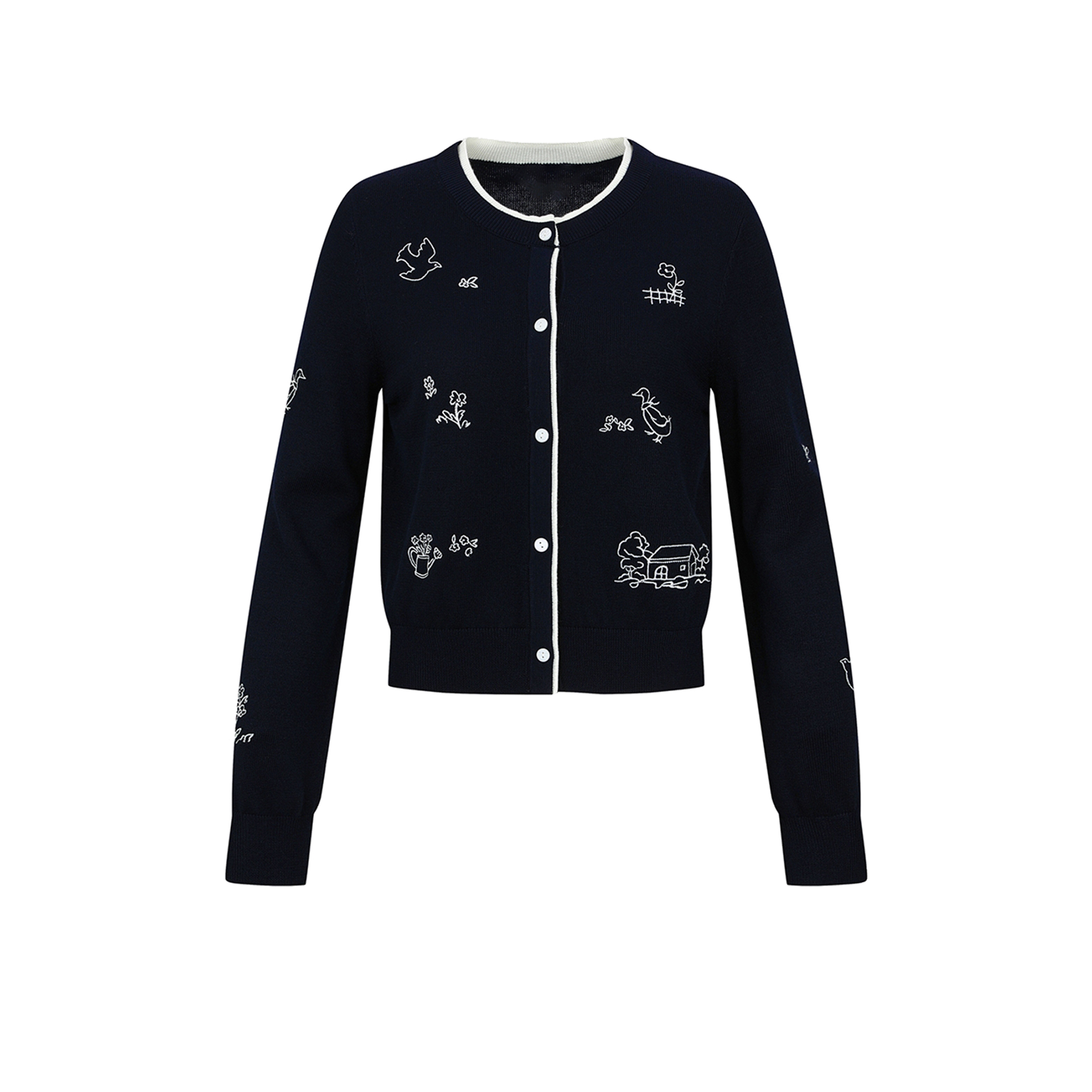 UR&DC2025冬季新款休闲撞色提花刺绣罗纹短款长袖针织开衫女上衣