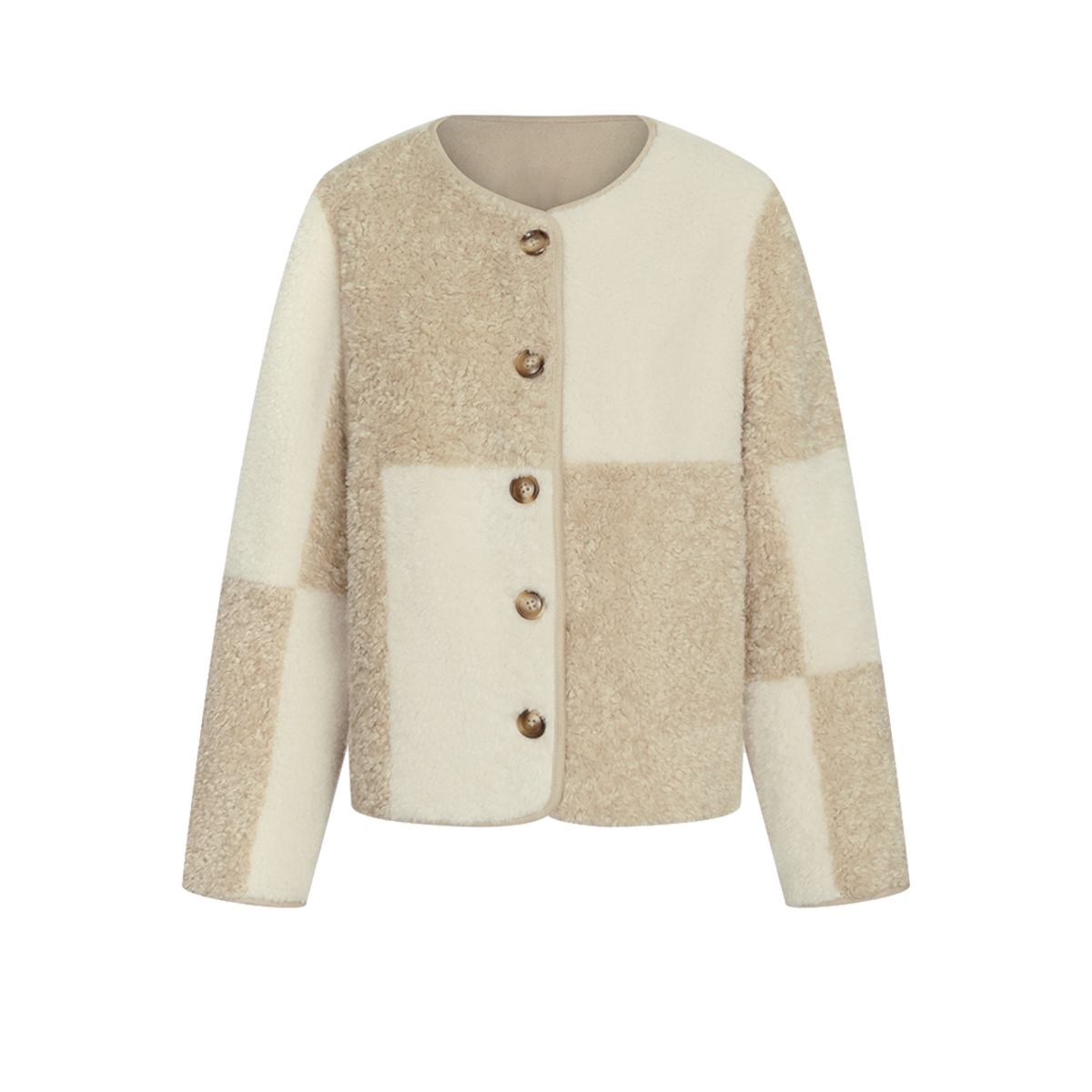 UR&DC2024冬季新款甜美温柔气质拼接拼色格子宽松短款毛绒外套女