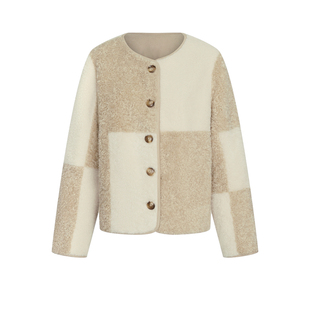 UR&DC2024冬季新款甜美温柔气质拼接拼色格子宽松短款毛绒外套女