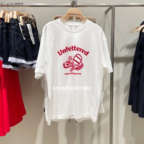 UR&DC2025夏季新款时尚休闲撞色印花纯棉圆领短袖T恤衫女白色上衣