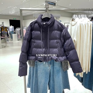 UR&DC2025冬季新款法式小个子系带收褶立领宽松短款羽绒服外套女