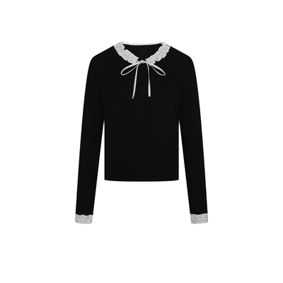 UR&DC2025秋季新款法式复古波点荷叶边领系带长袖针织开衫女上衣