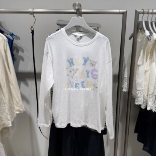 甜美风都市童趣撞色印花圆领白色落肩长袖 T恤女 新款 UR&DC2026春季