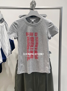 UR&DC2025夏季新款时尚休闲撞色字母印花修身圆领短袖T恤女短上衣